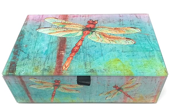 Value Arts Value Arts Watercolor Dragonflies Glass Keepsake Box Beveled Glass Velvet Lined 5.75 Inches Wide for Elegant Storage and Display