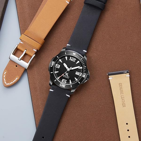 BINLUN BINLUN Leather Watch Band Replacement Quick Release Genuine Leather Straps 22mm for Men and Women in Black Brown Light Brown Orange - View 4 of 6