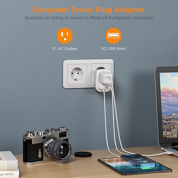TESSAN Buy TESSAN European Travel Plug Adapter with 2 USB Ports - Ideal for US Travelers to Europe, Spain, Italy, France & More! - View 4 of 9
