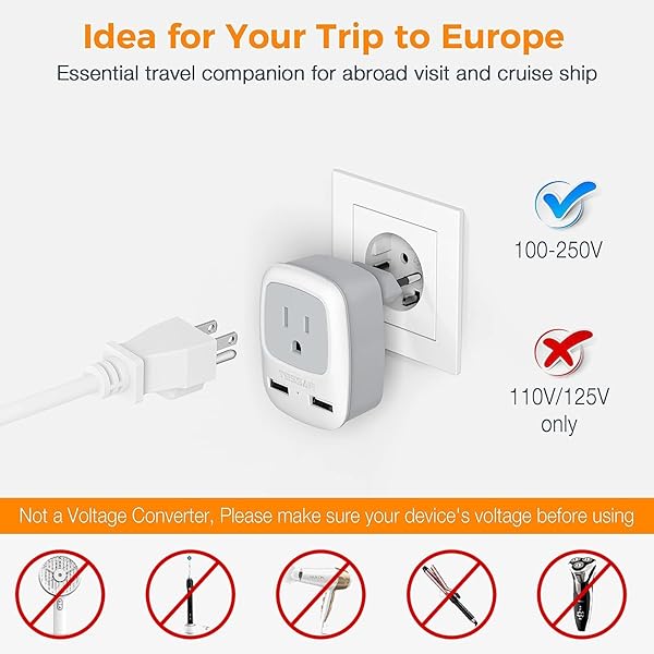 TESSAN Buy TESSAN European Travel Plug Adapter with 2 USB Ports - Ideal for US Travelers to Europe, Spain, Italy, France & More! - View 6 of 9