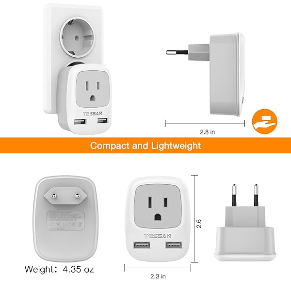 TESSAN Buy TESSAN European Travel Plug Adapter with 2 USB Ports - Ideal for US Travelers to Europe, Spain, Italy, France & More! - View 7 of 9