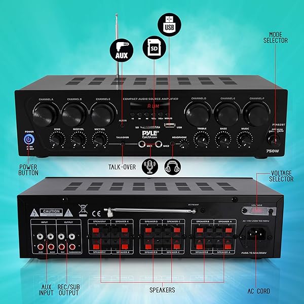 Pyle Pyle Wireless Bluetooth Home Audio Amplifier System-Upgraded 6 Channel 750 Watt Sound Power Stereo Receiver w/USB, Micro SD, Headphone,2 Microphone Input w/Echo, Talkover for PA - PTA62BT.5 - View 2 of 7