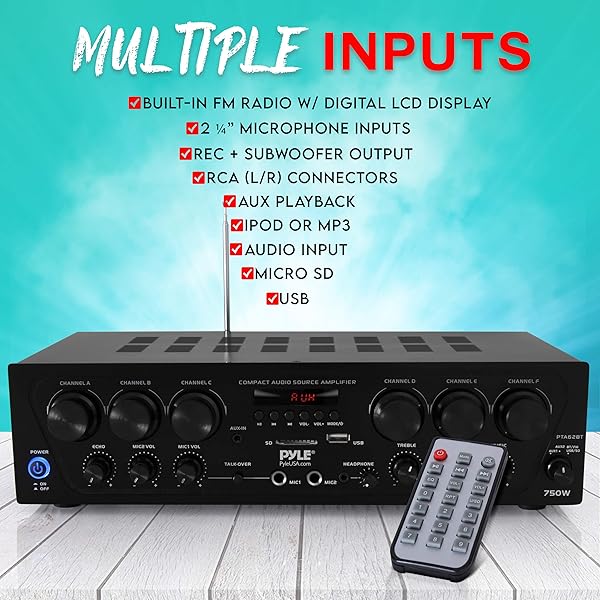 Pyle Pyle Wireless Bluetooth Home Audio Amplifier System-Upgraded 6 Channel 750 Watt Sound Power Stereo Receiver w/USB, Micro SD, Headphone,2 Microphone Input w/Echo, Talkover for PA - PTA62BT.5 - View 5 of 7