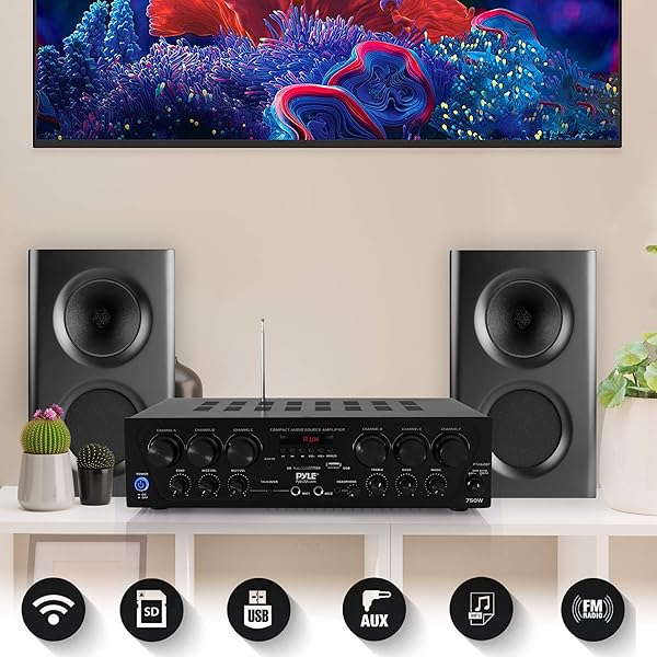 Pyle Pyle Wireless Bluetooth Home Audio Amplifier System-Upgraded 6 Channel 750 Watt Sound Power Stereo Receiver w/USB, Micro SD, Headphone,2 Microphone Input w/Echo, Talkover for PA - PTA62BT.5 - View 6 of 7