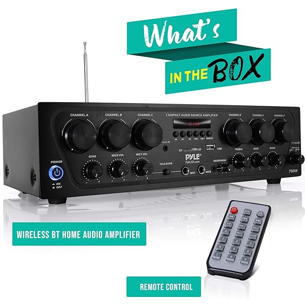 Pyle Pyle Wireless Bluetooth Home Audio Amplifier System-Upgraded 6 Channel 750 Watt Sound Power Stereo Receiver w/USB, Micro SD, Headphone,2 Microphone Input w/Echo, Talkover for PA - PTA62BT.5 - View 7 of 7