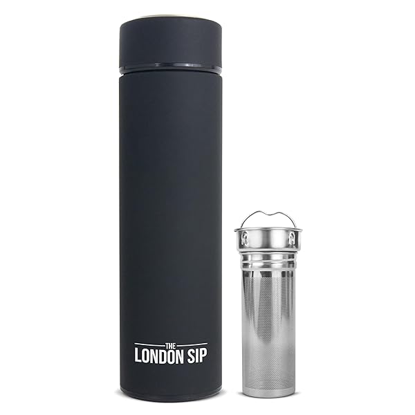 The London Sip London Sip Multi-Purpose Tea Infuser Travel Mug Double Wall Stainless Steel Thermos with Extra-Long Infuser Zen Black
