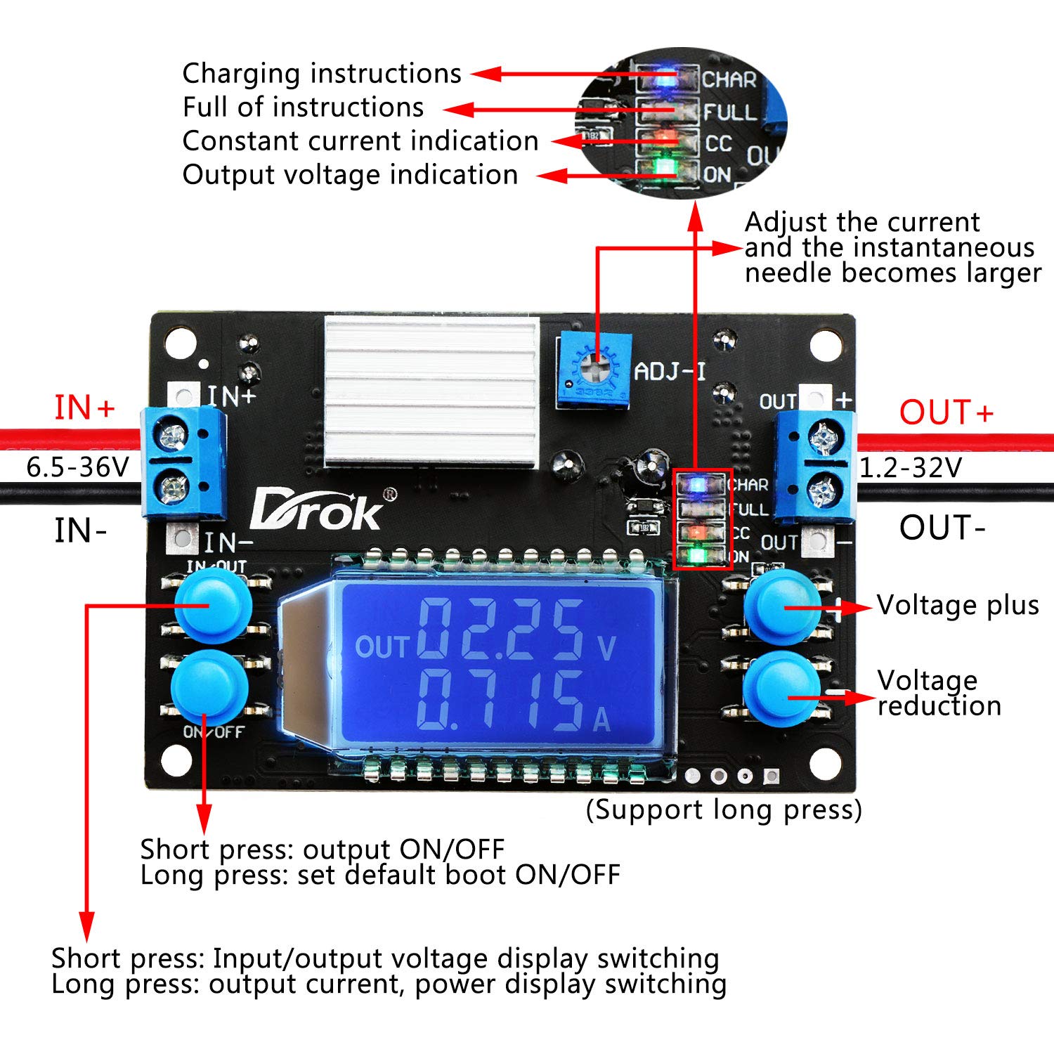 DROK DROK Buck Converter 12V to 5V Voltage Regulator Board DC 6.5-36V Step Down Power Supply Module 4.5A 75W for Efficient Voltage Transformation - View 2 of 6