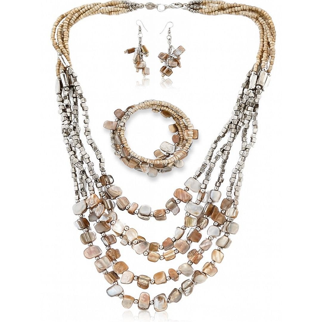 Shop LC Handmade Chunky Beige Beaded Jewelry Set: Boho Necklace, Bracelet & Earrings for Women - Perfect Summer & Christmas Gifts