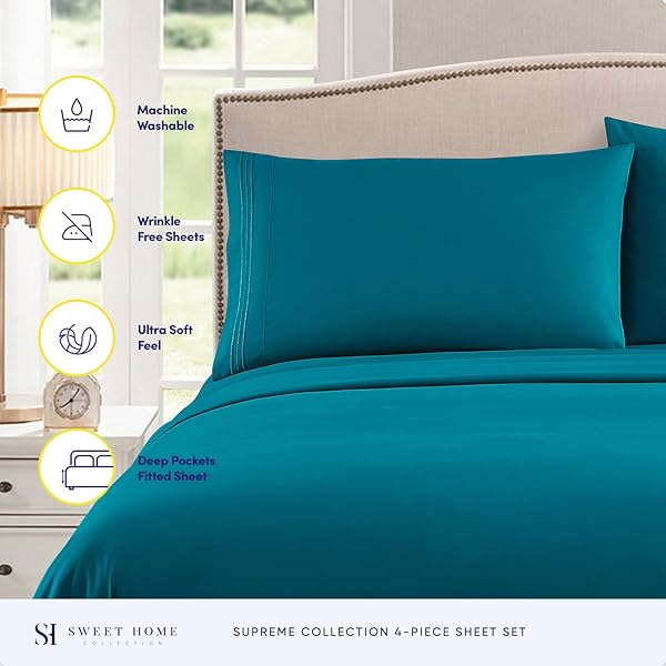 Sweet Home Collection Split King Sheets Luxury Breathable Extra Soft Deep Pocket Bedding Set with Secure Corner Straps 1800 Supreme Collection Teal - View 2 of 6