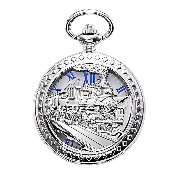Antique Mechanical Pocket Watch for Men & Women - Skeleton Silver Case, Steam Train Design, Roman Numerals