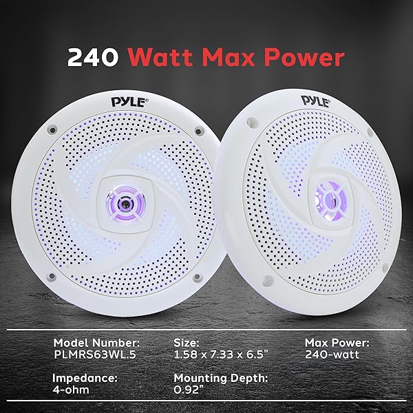 Pyle Pyle Waterproof Marine Speakers with LED Lights 6.5 Inch Slim Style Speaker Pair 240 Watt PLMRS63WL5 - View 3 of 8
