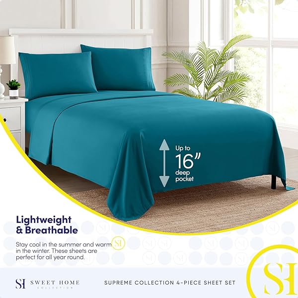 Sweet Home Collection Queen Size Bed Sheets Luxury Soft Deep Pocket Bedding Set with Secure Corner Straps 1800 Supreme Collection Teal - View 4 of 7