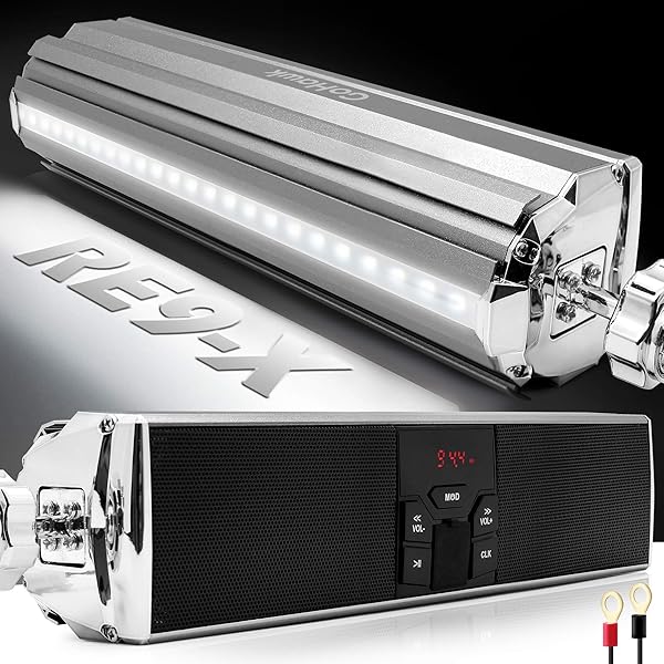 GoHawk GoHawk RE9-X Gen.3 Waterproof Bluetooth Motorcycle Speakers - LED Soundbar for ATV & 4 Wheelers with USB, AUX, FM Radio