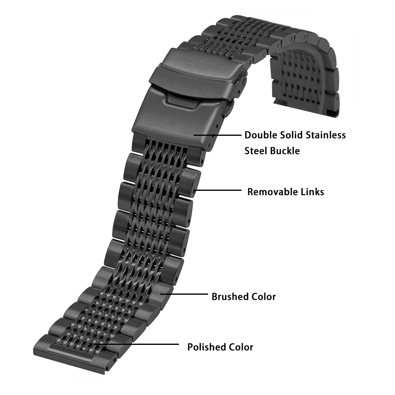 Kai Tian Kai Tian Luxury Black Stainless Steel Watch Band 24mm Brushed Metal Bracelet with Double Locking Clasp for Men - View 8 of 9