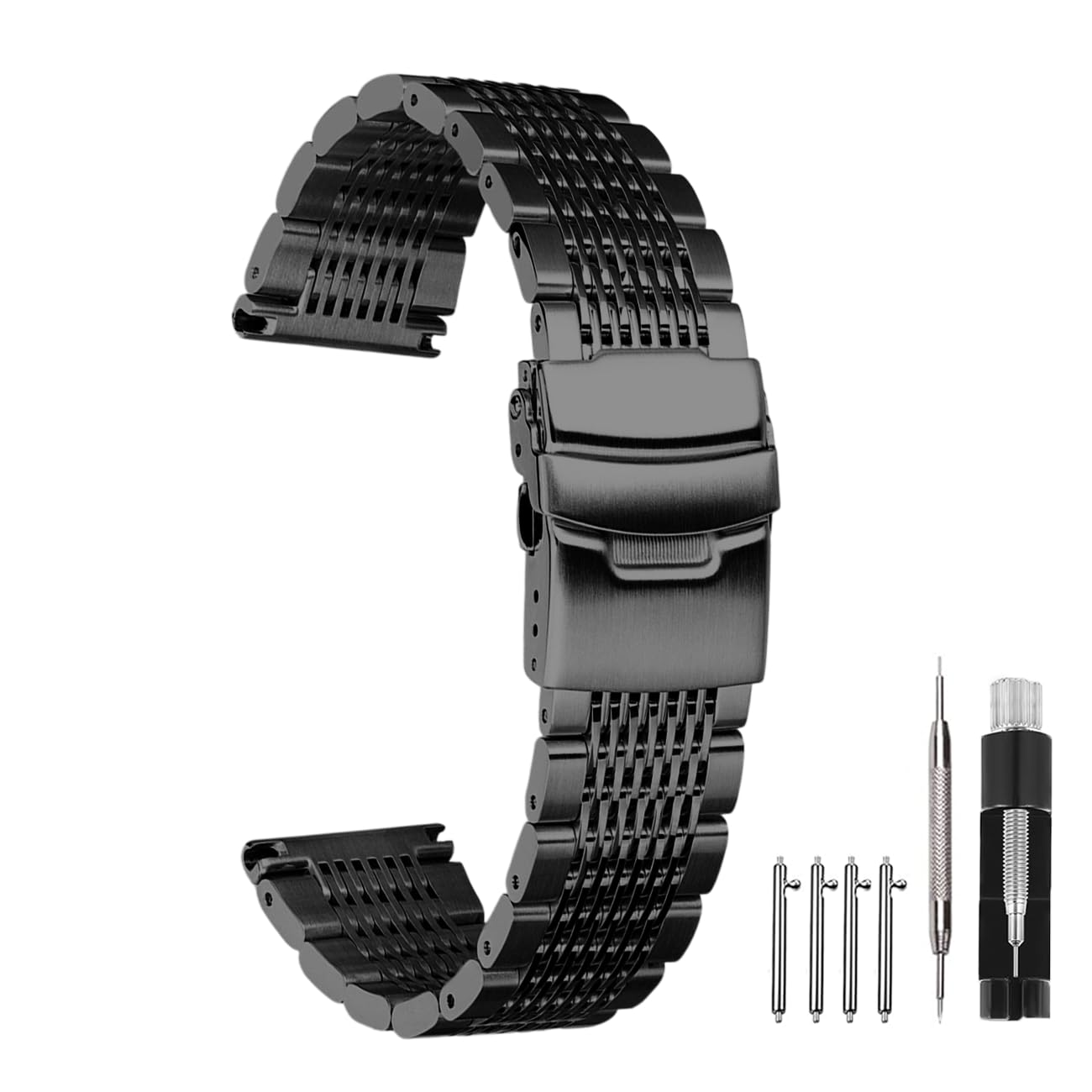 Kai Tian Kai Tian Luxury Black Stainless Steel Watch Band 24mm Brushed Metal Bracelet with Double Locking Clasp for Men