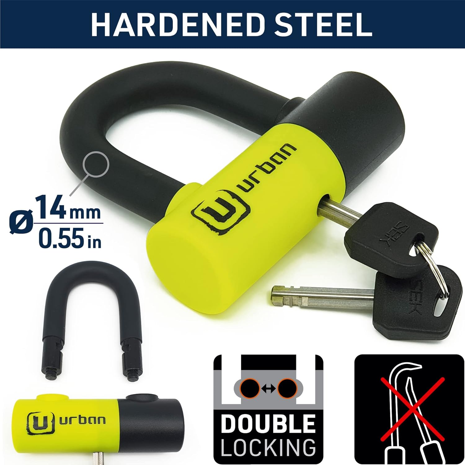 urban Urban UR59 Mini U Disc Lock Double Locking 14mm Hardened Steel Shackle Anti Theft Wheel Lock for Motorcycle Scooter Bike - View 2 of 6