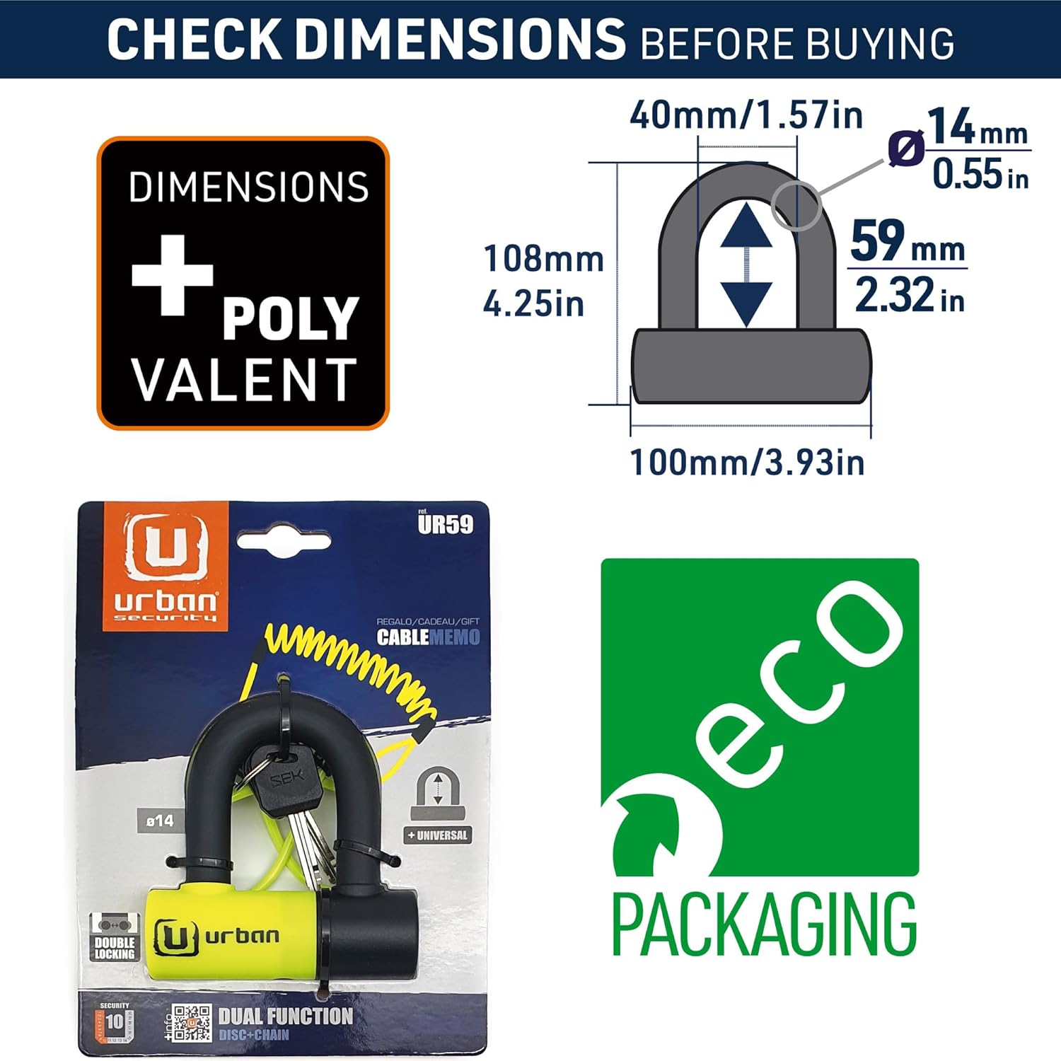 urban Urban UR59 Mini U Disc Lock Double Locking 14mm Hardened Steel Shackle Anti Theft Wheel Lock for Motorcycle Scooter Bike - View 6 of 6