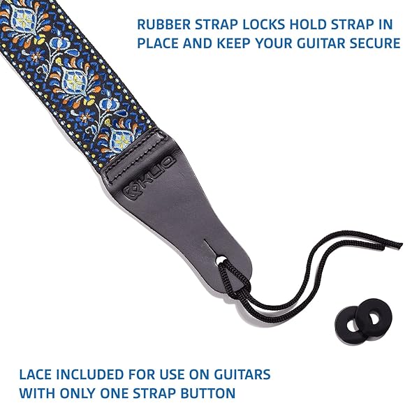 KLIQ Music Gear Shop KLIQ Vintage Woven Guitar Strap - '60s Jacquard Hootenanny Style with Free Strap Locks & Picks | Classic Hendrix Blue - View 4 of 9