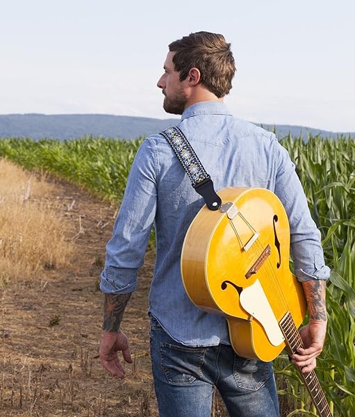 KLIQ Music Gear Shop KLIQ Vintage Woven Guitar Strap - '60s Jacquard Hootenanny Style with Free Strap Locks & Picks | Classic Hendrix Blue - View 5 of 9