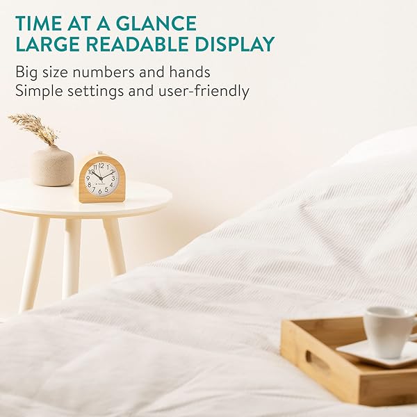 Navaris Navaris Wood Analog Alarm Clock Half-Round Battery Operated Non Ticking with Snooze Button and Light in Light Brown - View 3 of 9