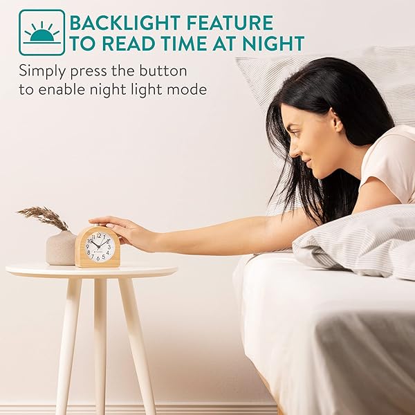 Navaris Navaris Wood Analog Alarm Clock Half-Round Battery Operated Non Ticking with Snooze Button and Light in Light Brown - View 4 of 9