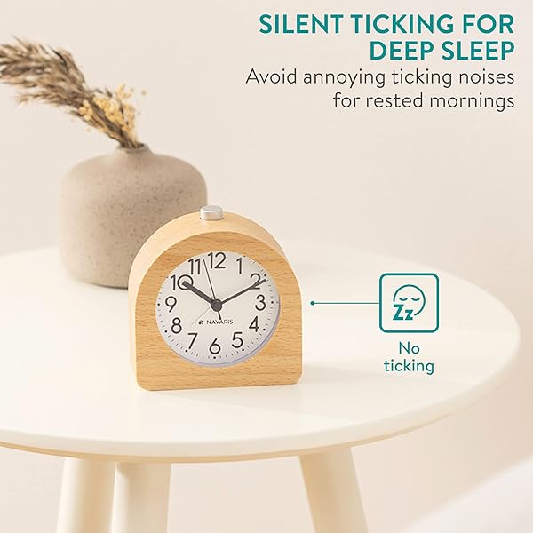 Navaris Navaris Wood Analog Alarm Clock Half-Round Battery Operated Non Ticking with Snooze Button and Light in Light Brown - View 5 of 9