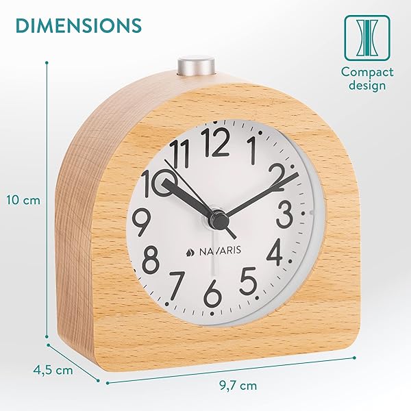 Navaris Navaris Wood Analog Alarm Clock Half-Round Battery Operated Non Ticking with Snooze Button and Light in Light Brown - View 7 of 9