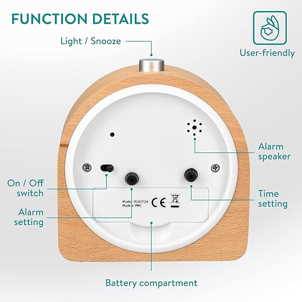 Navaris Navaris Wood Analog Alarm Clock Half-Round Battery Operated Non Ticking with Snooze Button and Light in Light Brown - View 8 of 9