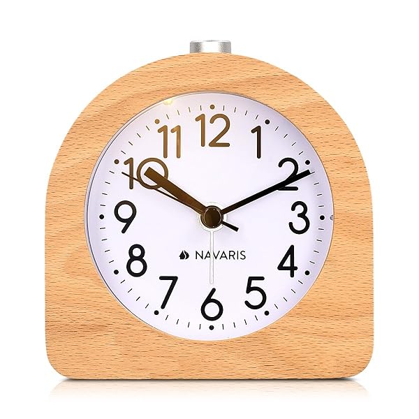 Navaris Navaris Wood Analog Alarm Clock Half-Round Battery Operated Non Ticking with Snooze Button and Light in Light Brown - View 9 of 9