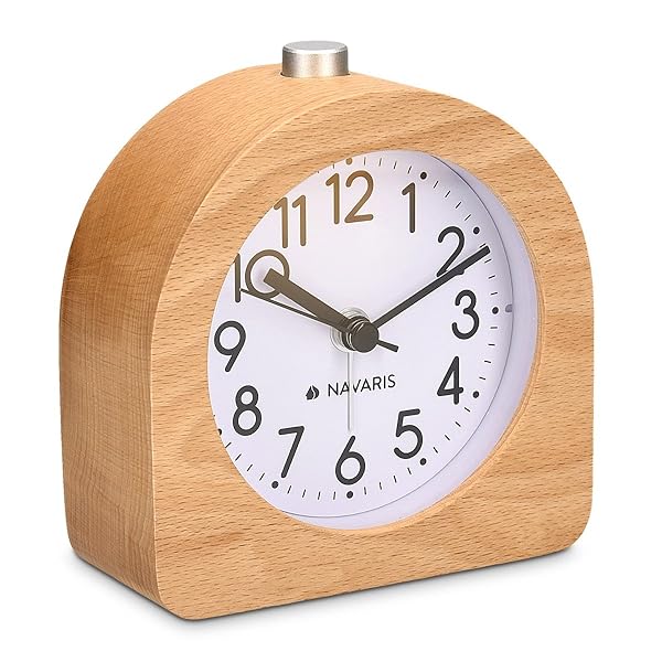 Navaris Navaris Wood Analog Alarm Clock Half-Round Battery Operated Non Ticking with Snooze Button and Light in Light Brown