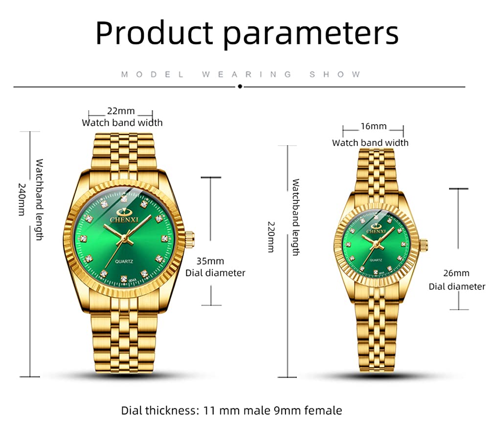 MASTOP Couple Watches Swiss Brand Golden Waterproof Quartz Watch for Men and Women Stainless Steel Green Design - View 5 of 8