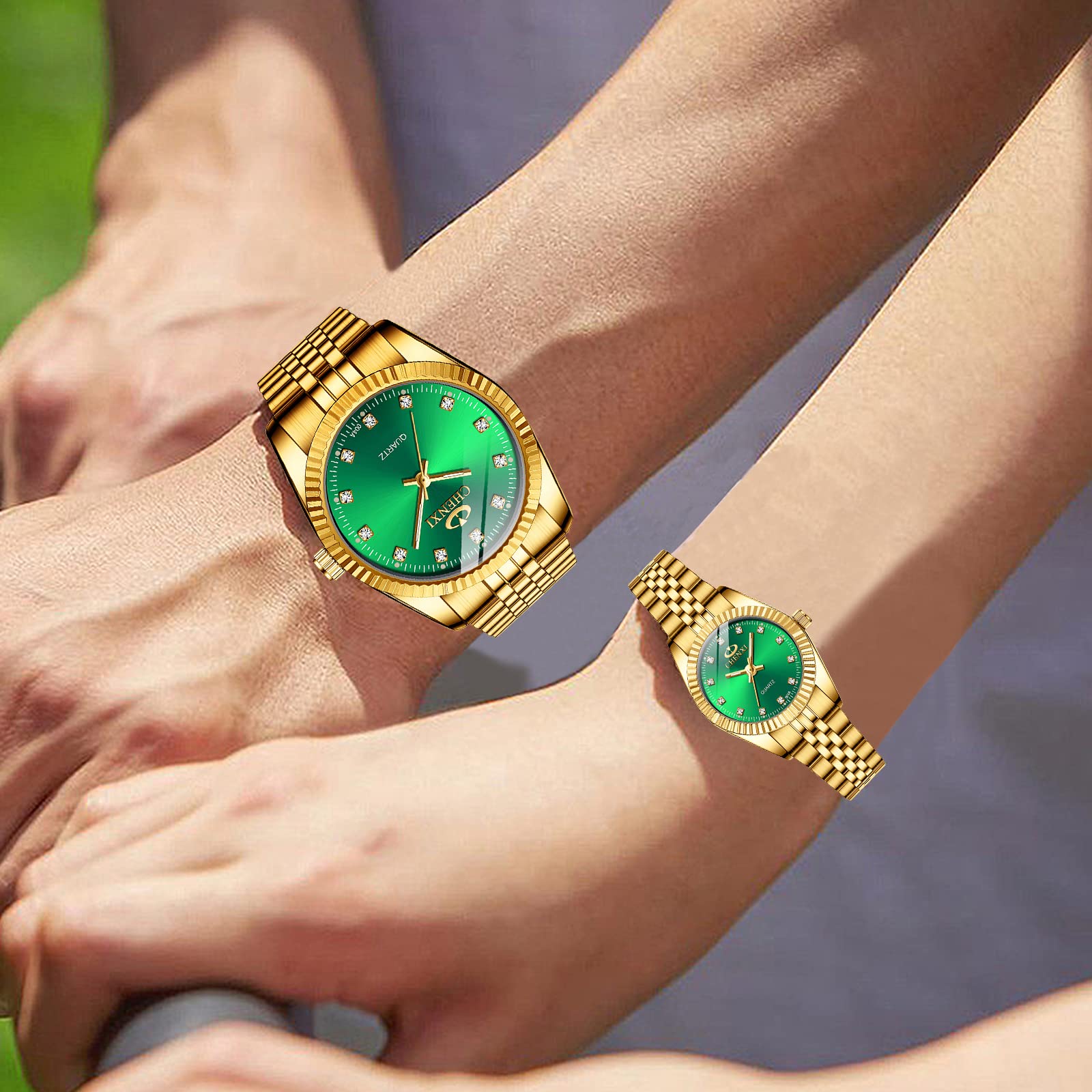 MASTOP Couple Watches Swiss Brand Golden Waterproof Quartz Watch for Men and Women Stainless Steel Green Design - View 7 of 8