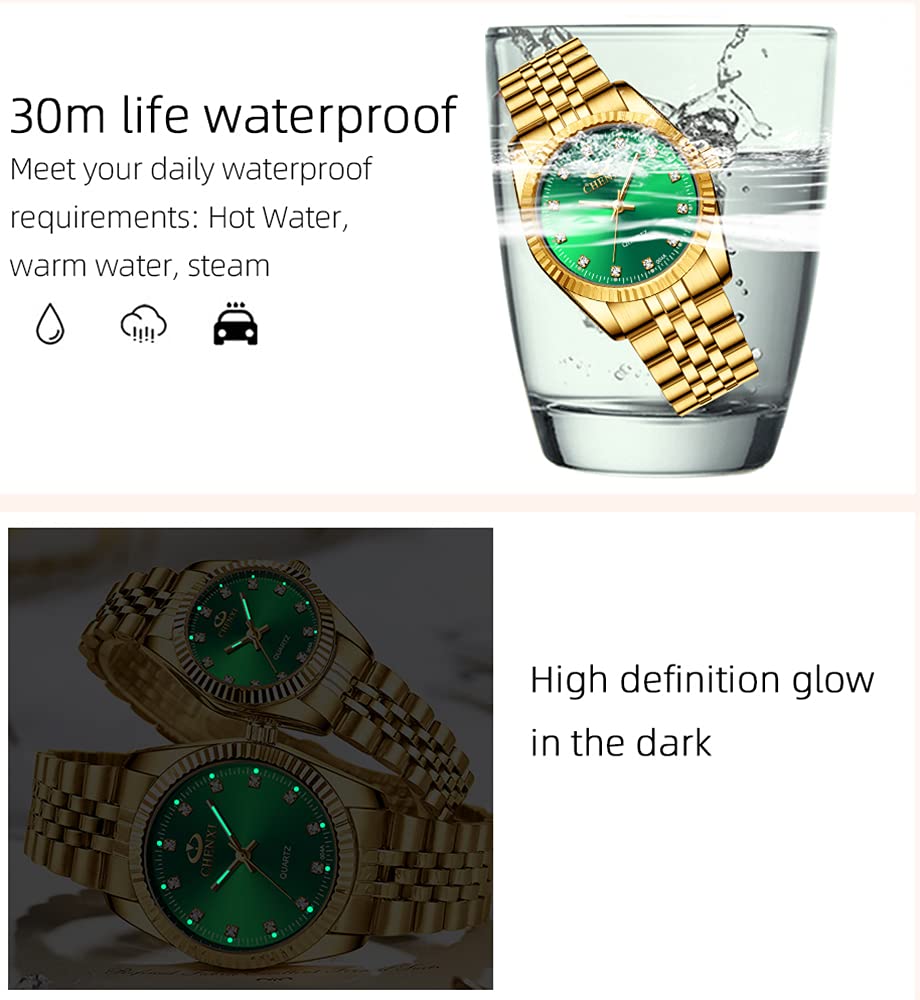 MASTOP Couple Watches Swiss Brand Golden Waterproof Quartz Watch for Men and Women Stainless Steel Green Design - View 8 of 8