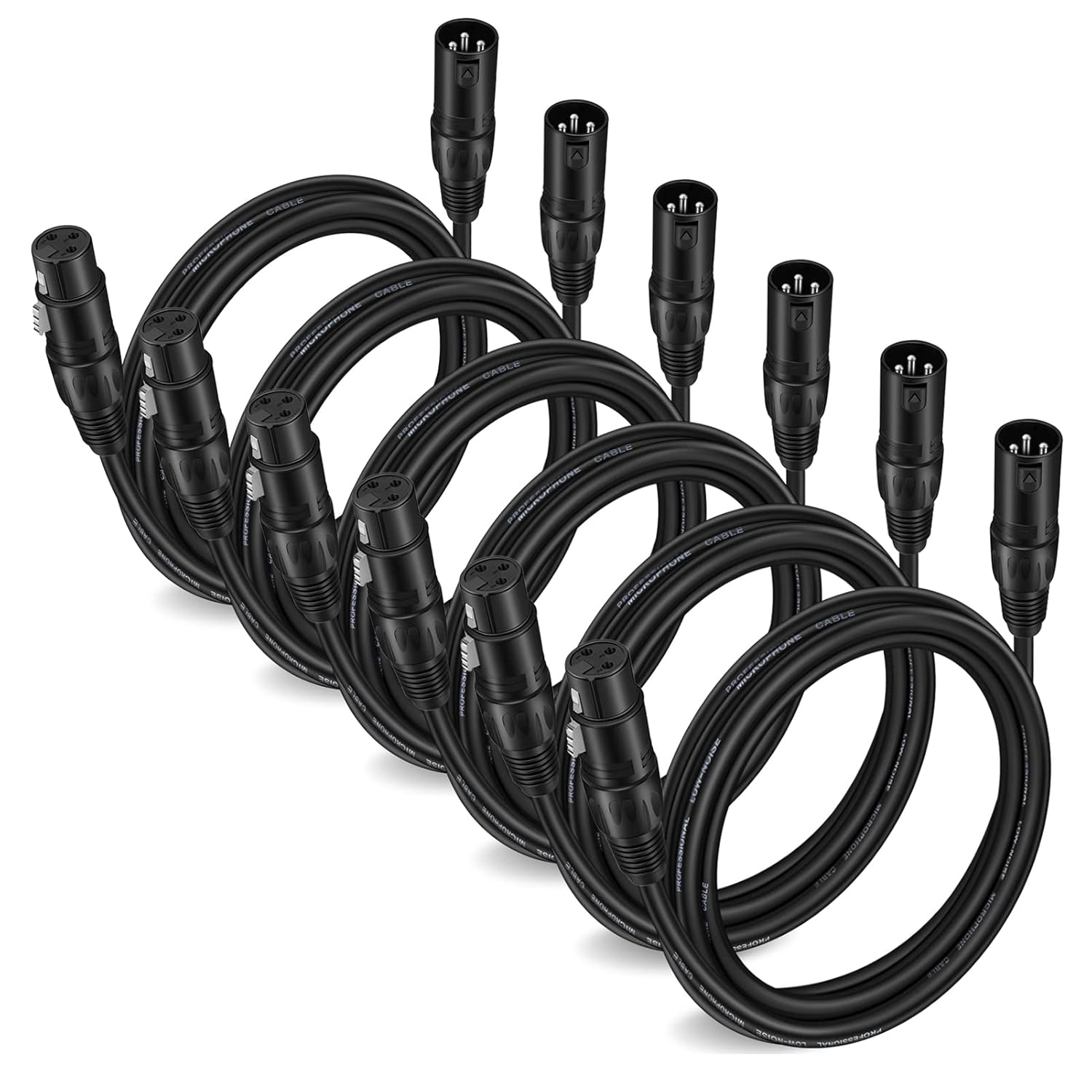Moukey 10ft XLR Cables 6-Pack Male to Female Microphone Cord Black for Studio and Live Sound