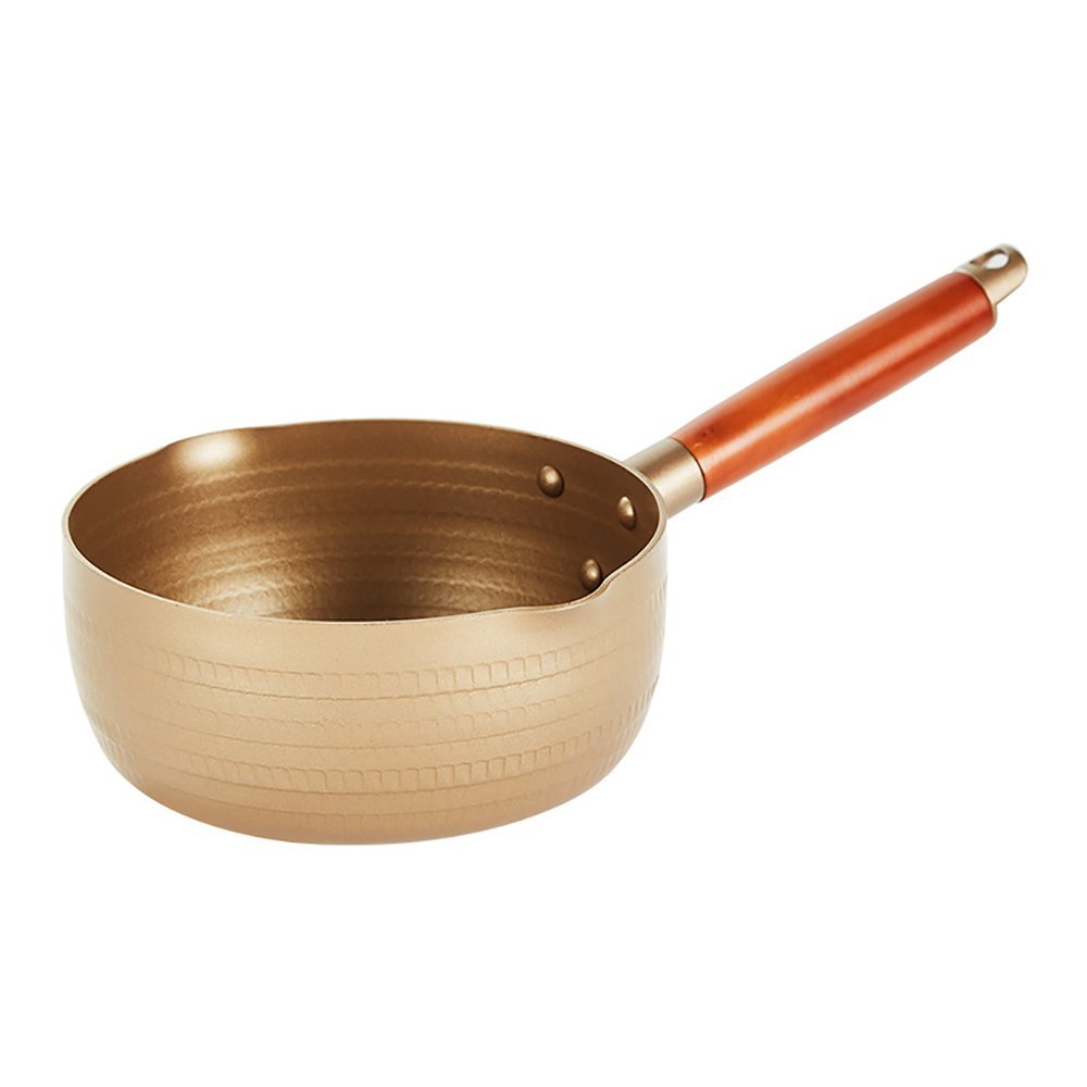 LI-GELISI Golden Non-Stick Yukihira Saucepan 7 Inch 1.7 Quart Traditional Japanese Aluminum Alloy Stainless Steel with Wooden Handle