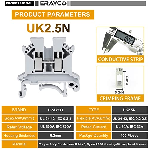 Erayco Erayco UK2.5B-GR DIN Rail Terminal Block - 600V 20A, Screw Clamp, 24-12AWG, Pack of 100 for Reliable Electrical Connections - View 4 of 9