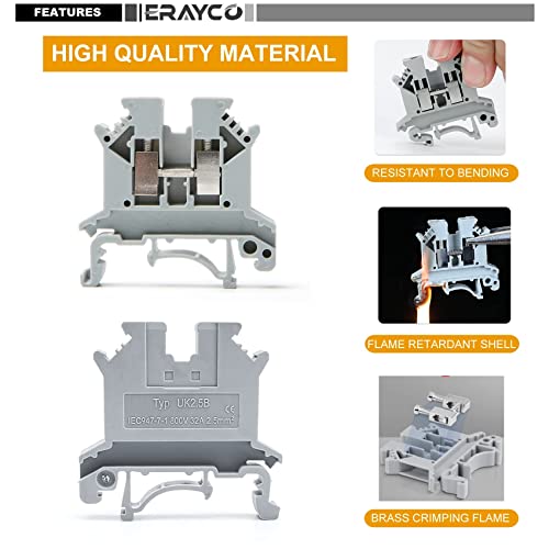 Erayco Erayco UK2.5B-GR DIN Rail Terminal Block - 600V 20A, Screw Clamp, 24-12AWG, Pack of 100 for Reliable Electrical Connections - View 5 of 9