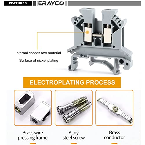 Erayco Erayco UK2.5B-GR DIN Rail Terminal Block - 600V 20A, Screw Clamp, 24-12AWG, Pack of 100 for Reliable Electrical Connections - View 6 of 9
