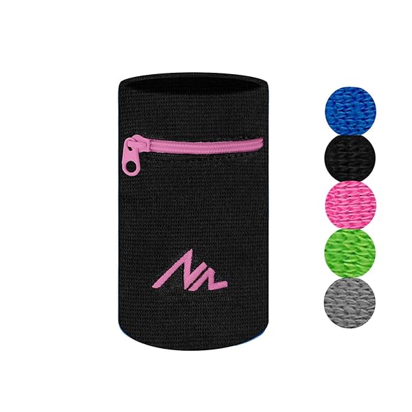 NEWZILL NEWZILL Wrist Wallet Wristband - Zippered Cotton Sweatbands for Running, Sports & Workouts - Black/Pink for Men & Women