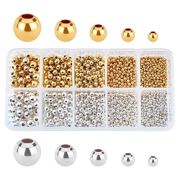 PH PandaHall 2340pcs Smooth Round Metal Beads in Gold and Silver for Jewelry Making Necklace Bracelet Earring 2.4 to 6mm