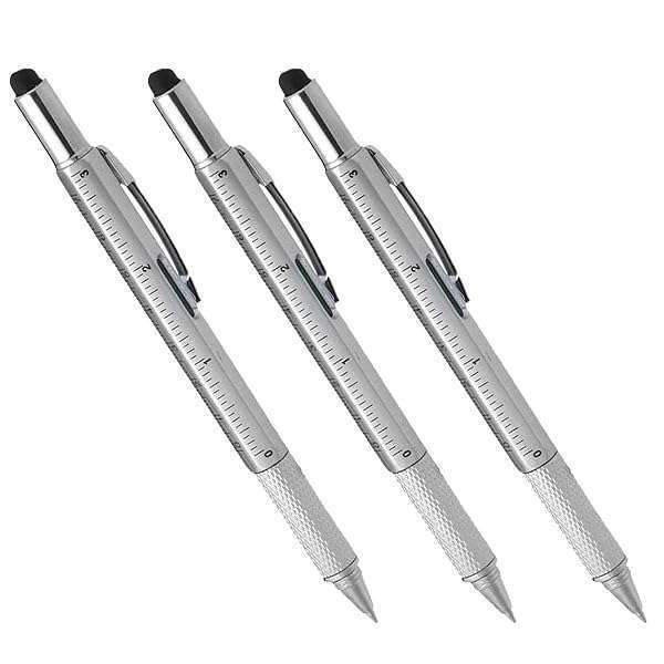 AIYIBEN 6-in-1 Multi-Function Tool Pen Set: Ballpoint, Ruler, Screwdriver & Touch-Screen Pen (3 PCS, Silver) - Perfect for Every Task!