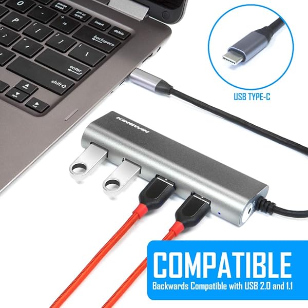 Kingwin Kingwin USB C Hub: Portable Aluminum Adapter with 4 USB 3.0 Ports for MacBook, Chromebook & More - Space Grey - View 3 of 10