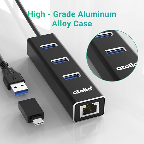 Bauihr USB 3.0 Hub Ethernet & USB-C Adapter: 3-Port Splitter with Gigabit RJ45 1000Mbps Network Extender - View 6 of 9