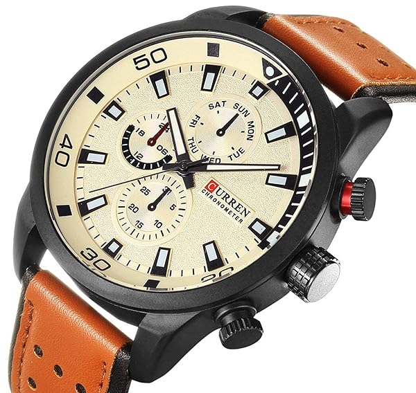 CARLIEN Mens Leather Strap Watch IP Black Plating Steel Classic Casual Dress Analog Quartz White - View 3 of 6