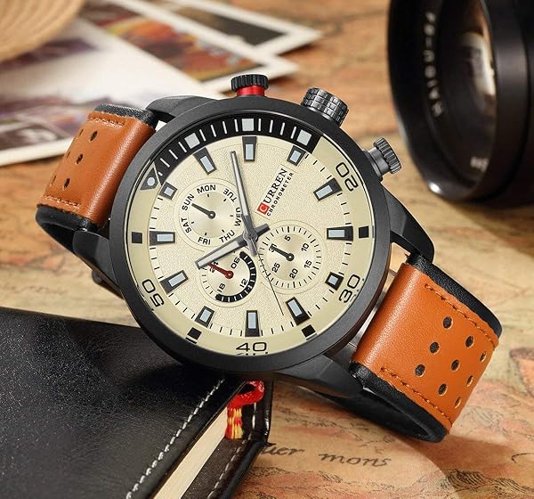 CARLIEN Mens Leather Strap Watch IP Black Plating Steel Classic Casual Dress Analog Quartz White - View 4 of 6