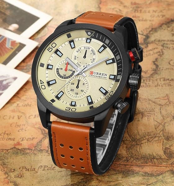 CARLIEN Mens Leather Strap Watch IP Black Plating Steel Classic Casual Dress Analog Quartz White - View 5 of 6