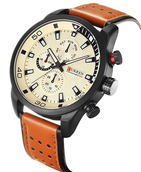 CARLIEN Mens Leather Strap Watch IP Black Plating Steel Classic Casual Dress Analog Quartz White - View 6 of 6