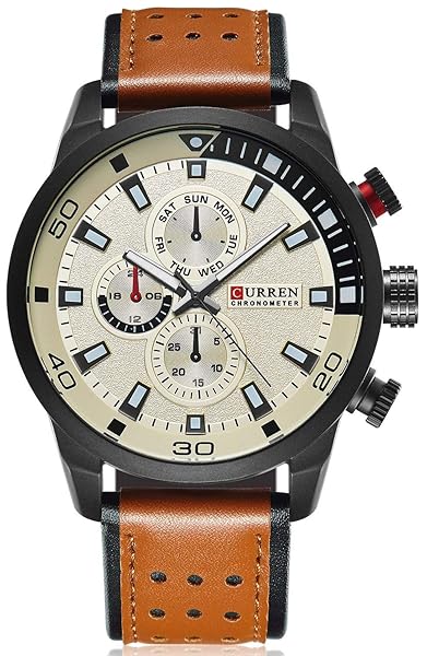 CARLIEN Mens Leather Strap Watch IP Black Plating Steel Classic Casual Dress Analog Quartz White - View 2 of 6