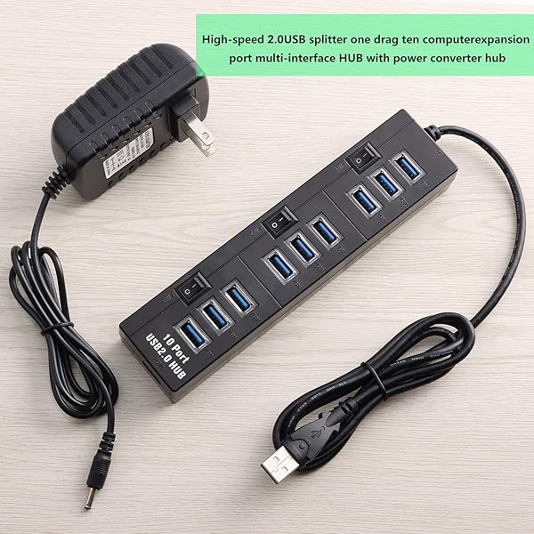 PASOW Pasow 10 Port High Speed USB 2.0 Hub with Power Adapter and Control Switches for Efficient Connectivity Black - View 3 of 8