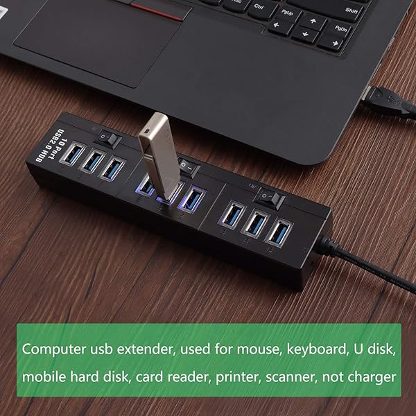 PASOW Pasow 10 Port High Speed USB 2.0 Hub with Power Adapter and Control Switches for Efficient Connectivity Black - View 4 of 8